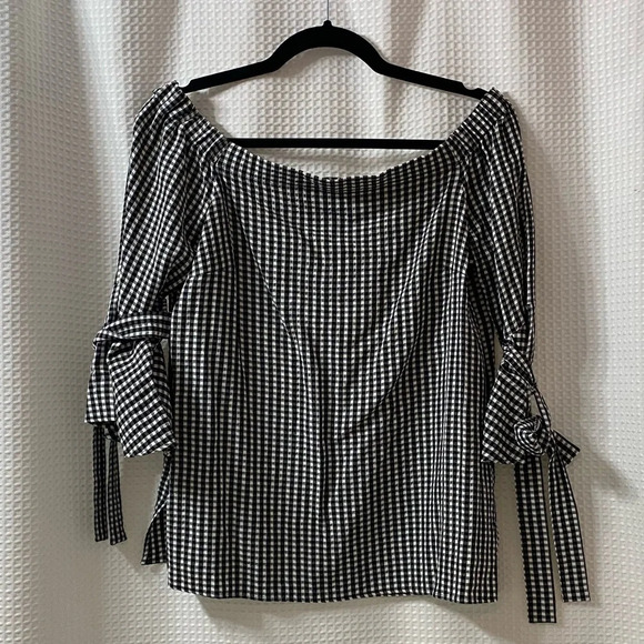 NWOT H&M Gingham Off The Shoulder Tie Sleeve Top - Picture 1 of 5
